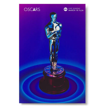A collectible postcard featuring the 96th Oscars show poster art with a glossy finish. The postcard displays the official poster depicting a golden Oscars statuette against a blue background with a circular blue pattern around the base of the statue.